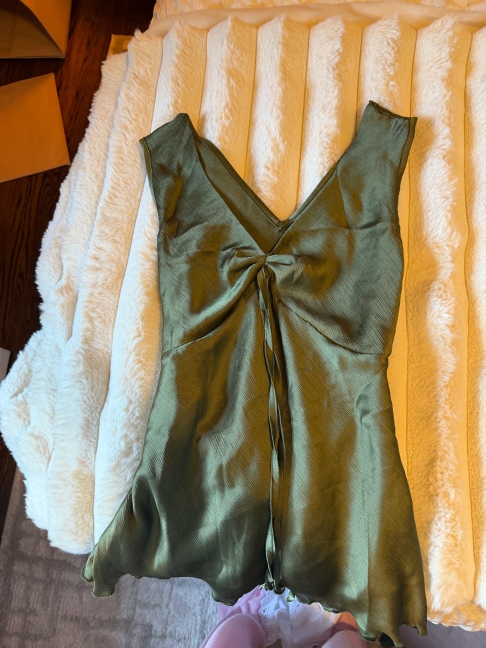 Satin V-Neck Tie-Front Blouse in Olive Green